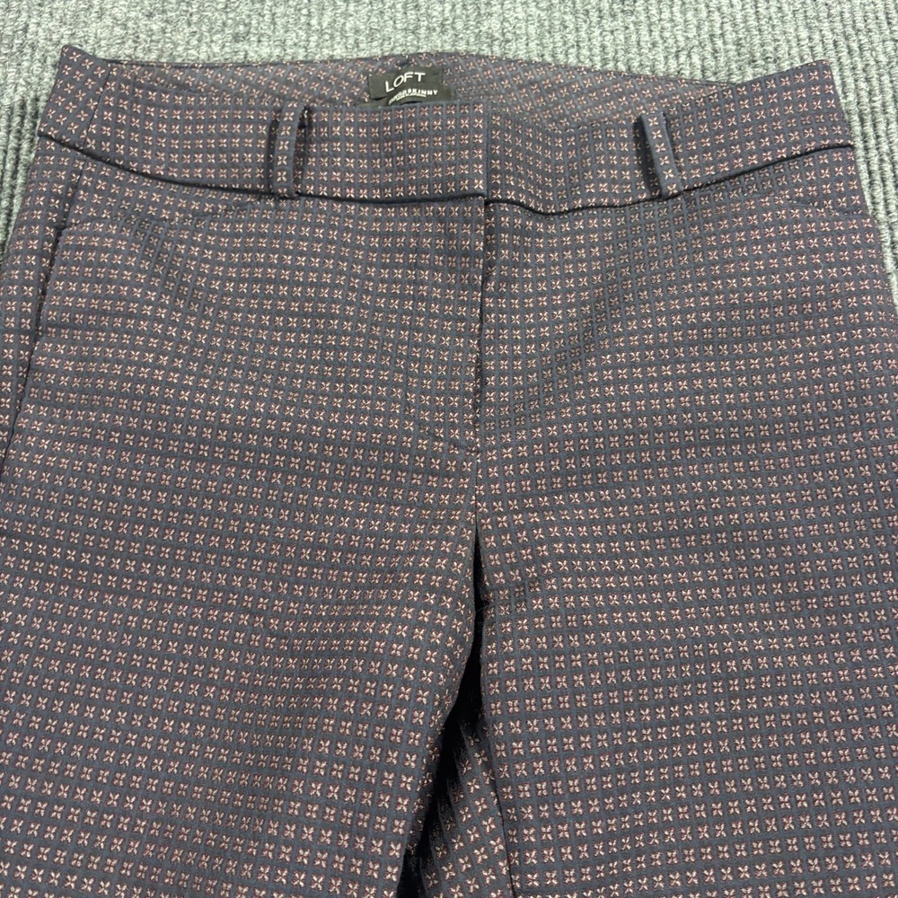 LOFT Marisa Skinny Pants Women 6 Navy Burgundy Geometric Micro Print